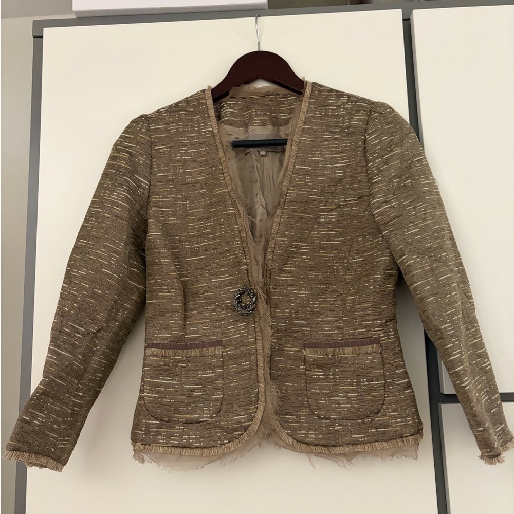 Jigsaw Brown Tweed Fringe Jacket with Metallic Thread